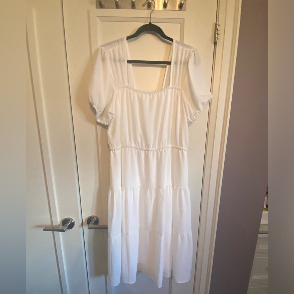 Puff Sleeve Tiered Midi Dress in White by Dex
